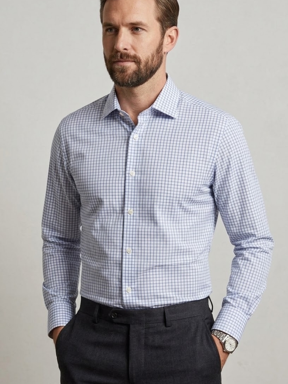 Ike Behar Light Blue Windowpane Dress Shirt Size 17 1/2